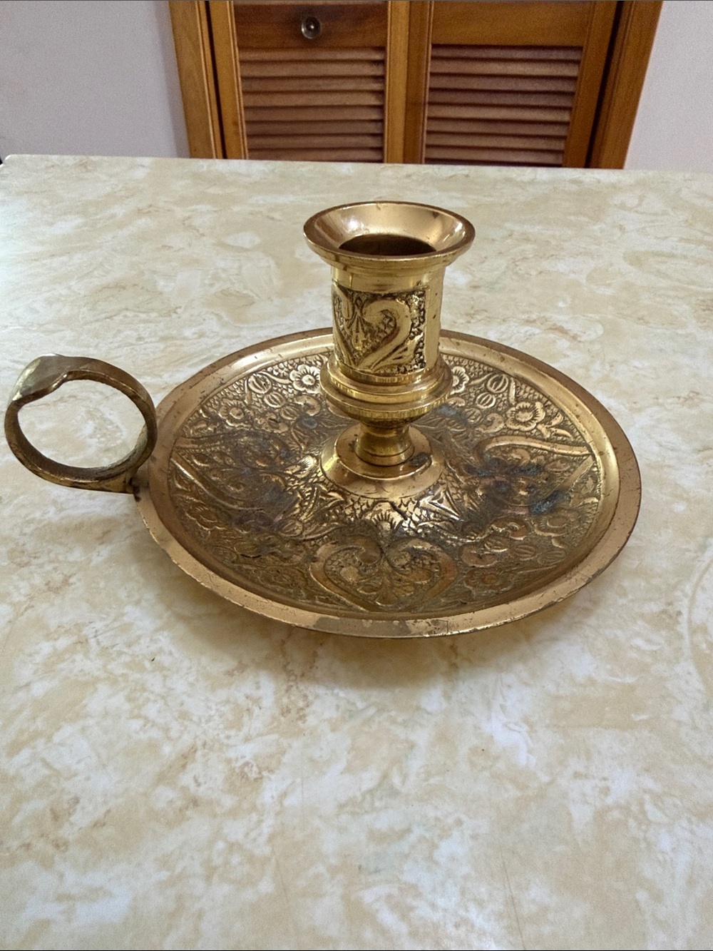 Solid Brass Made in India Engraved Chamberstick Candle Holder - sticker attached